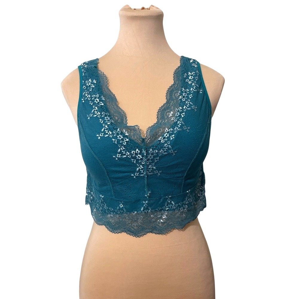 Rhonda Shear Teal Lace Trim Bralette Crop Sports Bray Athletic Top L G‎